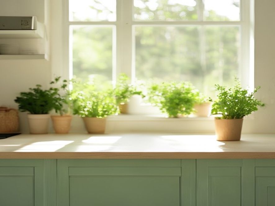 Lyst kjøkken med grønne planter og naturlig lys